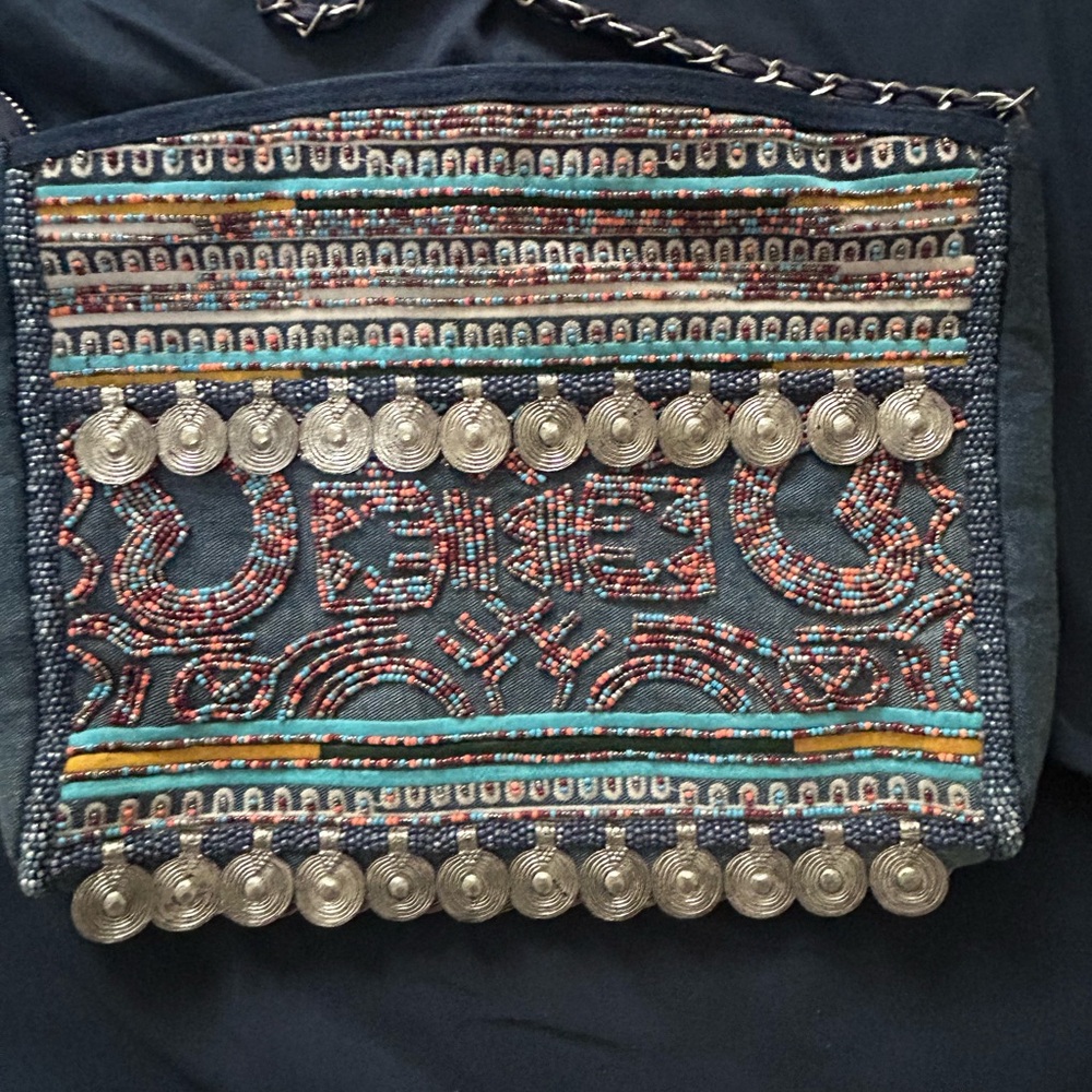 Zara Beaded Denim Crossbody Shoulder Bag Bohemian Metal Blue Hippie Boho - Picture 6 of 10